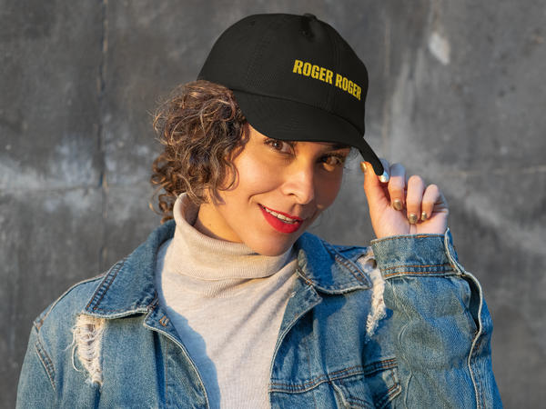 Garment-washed embroidered Roger Roger baseball hat inspired by Star Wars battle droids