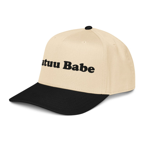 Batuu Babe embroidered two-tone trucker hat featuring black embroidery on a cream front panel with black brim, inspired by Galaxy's Edge and Disney park outfits.