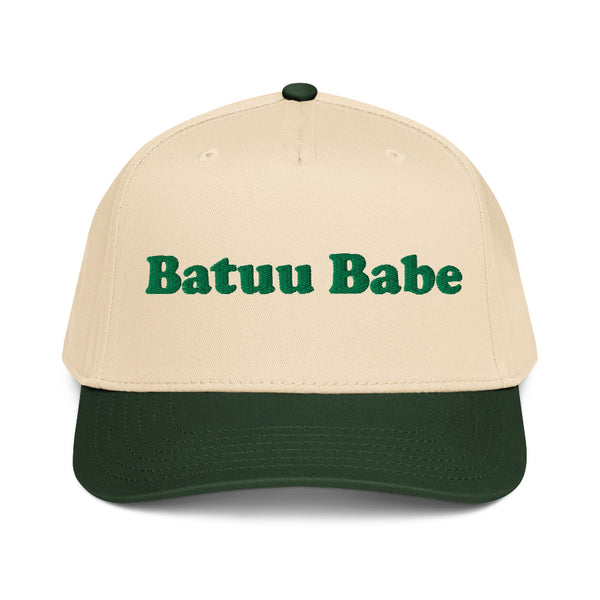 Batuu Babe embroidered two-tone trucker hat featuring black embroidery on a cream front panel with black brim, inspired by Galaxy's Edge and Disney park outfits.