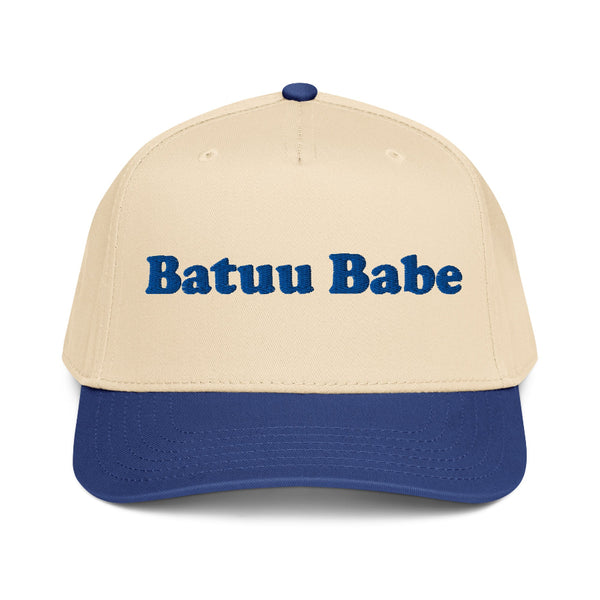 Batuu Babe embroidered two-tone trucker hat featuring black embroidery on a cream front panel with black brim, inspired by Galaxy's Edge and Disney park outfits.
