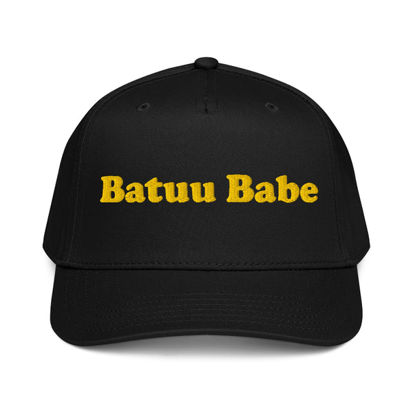 Batuu Babe embroidered two-tone trucker hat featuring black embroidery on a cream front panel with black brim, inspired by Galaxy's Edge and Disney park outfits.