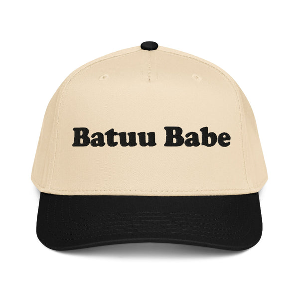 Batuu Babe embroidered 5-panel hat featuring black embroidery on a cream crown with black brim, inspired by Galaxy's Edge and Disney park outfits.