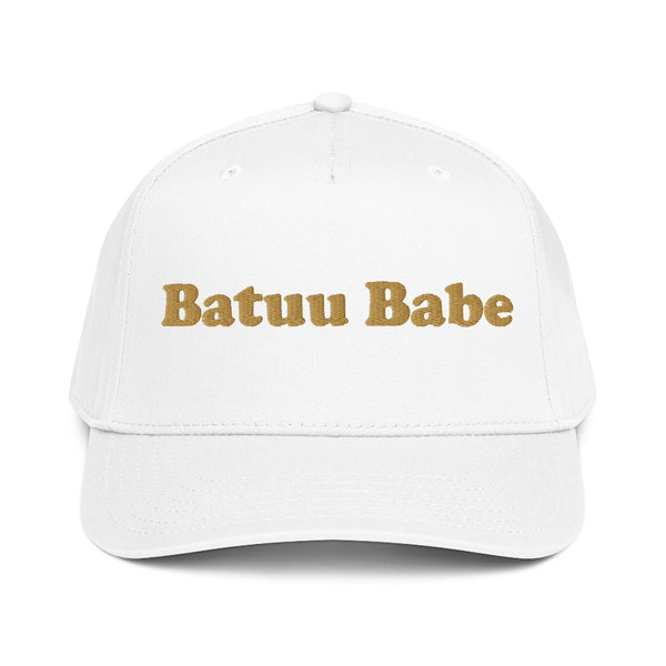 Batuu Babe embroidered two-tone trucker hat featuring black embroidery on a cream front panel with black brim, inspired by Galaxy's Edge and Disney park outfits. bride wedding