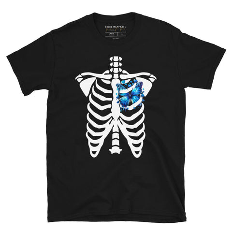 Black t-shirt with a white skeleton design and blue butterfly on a white background. Ben Solo Star Wars Kylo Ren reylo halloween t-shirt graphic tee unisex men women galaxy's edge batuu disneyland disneyworld hollywood studio outfit costume oogie boogie bash