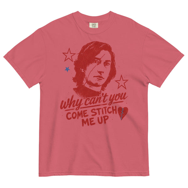 Comfort Colors garment-dyed t-shirt featuring distressed Ben Solo-inspired artwork with "Why Can't You Come Stitch Me Up" typography inspired by Olivia Rodrigo's The Cure. Vintage Star Wars fandom shirt.