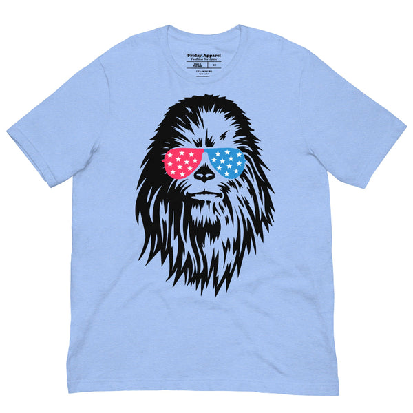 Red White and Chew-ie patriotic Chewbacca graphic t-shirt with red white and blue sunglasses
