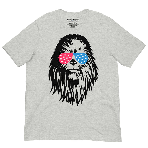Red White and Chew-ie patriotic Chewbacca graphic t-shirt with red white and blue sunglasses