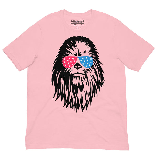 Red White and Chew-ie patriotic Chewbacca graphic t-shirt with red white and blue sunglasses