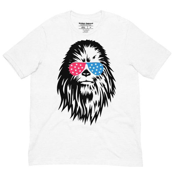 Red White and Chew-ie patriotic Chewbacca graphic t-shirt with red white and blue sunglasses
