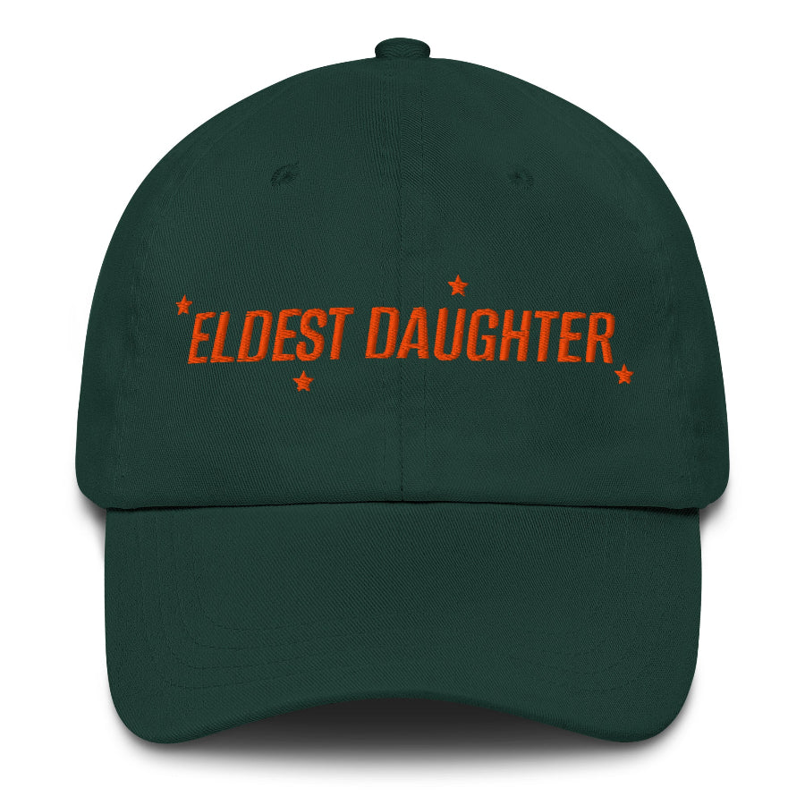Black ‘Eldest Daughter’ embroidered dad hat with orange stars, low-profile unstructured 6-panel cap, adjustable strap with antique buckle. forest green taylor swift the life of a showgirl tracklist music movie premiere listening party dad hat baseball cap outfit costume swifties