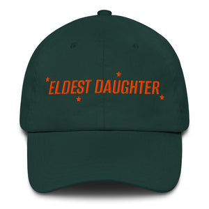 Black ‘Eldest Daughter’ embroidered dad hat with orange stars, low-profile unstructured 6-panel cap, adjustable strap with antique buckle. forest green taylor swift the life of a showgirl tracklist music movie premiere listening party dad hat baseball cap outfit costume swifties