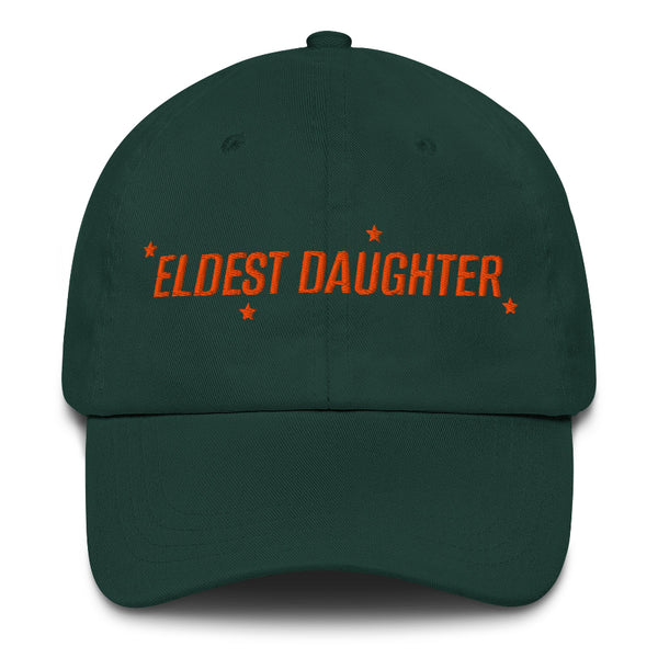 Black ‘Eldest Daughter’ embroidered dad hat with orange stars, low-profile unstructured 6-panel cap, adjustable strap with antique buckle. forest green taylor swift the life of a showgirl tracklist music movie premiere listening party dad hat baseball cap outfit costume swifties