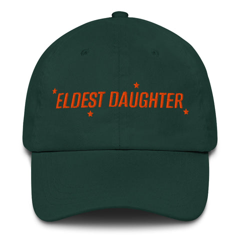 Black ‘Eldest Daughter’ embroidered dad hat with orange stars, low-profile unstructured 6-panel cap, adjustable strap with antique buckle. forest green taylor swift the life of a showgirl tracklist music movie premiere listening party dad hat baseball cap outfit costume swifties