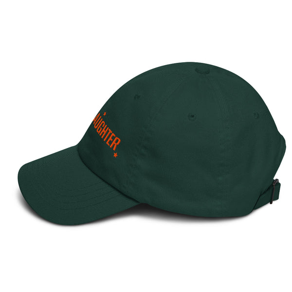 Black ‘Eldest Daughter’ embroidered dad hat with orange stars, low-profile unstructured 6-panel cap, adjustable strap with antique buckle. forest green taylor swift the life of a showgirl tracklist music movie premiere listening party dad hat baseball cap outfit costume swifties