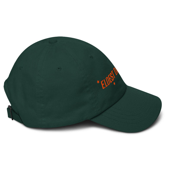 Black ‘Eldest Daughter’ embroidered dad hat with orange stars, low-profile unstructured 6-panel cap, adjustable strap with antique buckle. forest green taylor swift the life of a showgirl tracklist music movie premiere listening party dad hat baseball cap outfit costume swifties