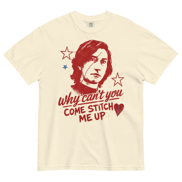 Comfort Colors garment-dyed t-shirt featuring distressed Ben Solo-inspired artwork with "Why Can't You Come Stitch Me Up" typography inspired by Olivia Rodrigo's The Cure. Vintage Star Wars fandom shirt.