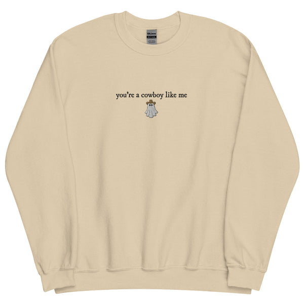 Cowboy Like Me Halloween embroidered unisex sweatshirt with western and spooky season details inspired by the evermore song, styled as a cozy Swiftie Halloween and fall outfit.