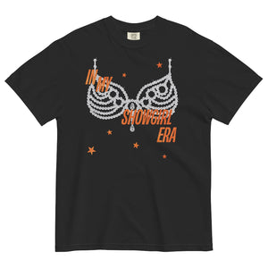 Seafoam Green ‘In My Showgirl Era’ Comfort Colors t-shirt with rhinestone bra graphic and orange star accents, 100% ring spun cotton, vintage-inspired unisex fit. taylor wift the life of a showgirl shirt women kids girls outfit costume listening party movie TS12 comfort colors