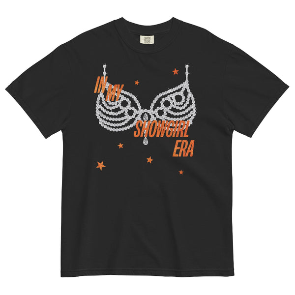 Seafoam Green ‘In My Showgirl Era’ Comfort Colors t-shirt with rhinestone bra graphic and orange star accents, 100% ring spun cotton, vintage-inspired unisex fit. taylor wift the life of a showgirl shirt women kids girls outfit costume listening party movie TS12 comfort colors