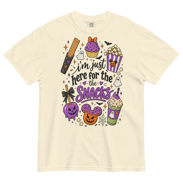 I’m Just Here for the Snacks Halloween Comfort Colors shirt featuring spooky theme park treats, a vintage-inspired Disney Halloween tee for park days and snack lovers.