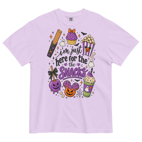 I’m Just Here for the Snacks Halloween Comfort Colors shirt featuring spooky theme park treats, a vintage-inspired Disney Halloween tee for park days and snack lovers.