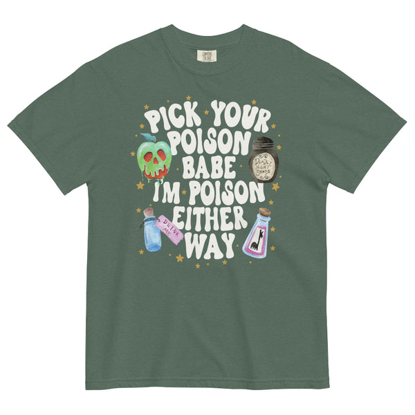 Green Pick Your Poison Babe Comfort Colors shirt featuring a Disney-inspired poison apple and potion bottles with stars and “I'm Poison Either Way” text, a Taylor Swift imgonnagetyouback mashup for Disney Halloween outfits.
