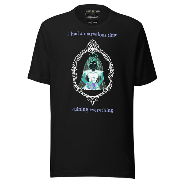 Black Haunted Mansion Holiday House shirt featuring a ghost bride in an ornate frame with “I had a marvelous time ruining everything,” a folklore and Disney Haunted Mansion Halloween mashup for Swifties and Disney adults.