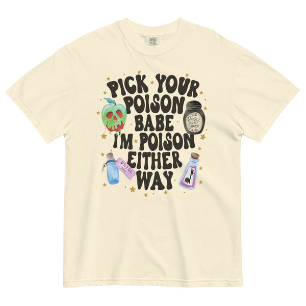 Beige Pick Your Poison Babe Comfort Colors shirt featuring a Disney-inspired poison apple and potion bottles with stars and “I'm Poison Either Way” text, a Taylor Swift imgonnagetyouback mashup for Disney Halloween outfits.