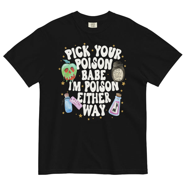 Black Pick Your Poison Babe Comfort Colors shirt featuring a Disney-inspired poison apple and potion bottles with stars and “I'm Poison Either Way” text, a Taylor Swift imgonnagetyouback mashup for Disney Halloween outfits.