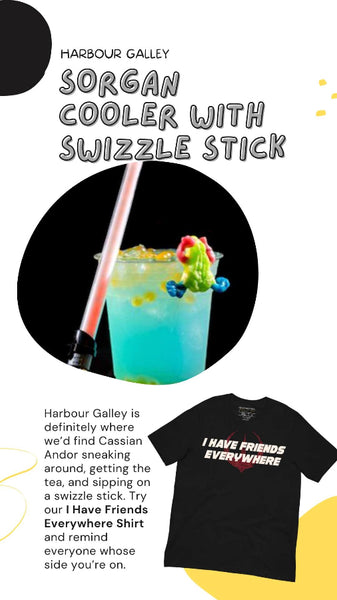 Blue cocktail with swizzle stick and colorful fruit, t-shirt with text 'I have friends everywhere', Harbour Galley branding.