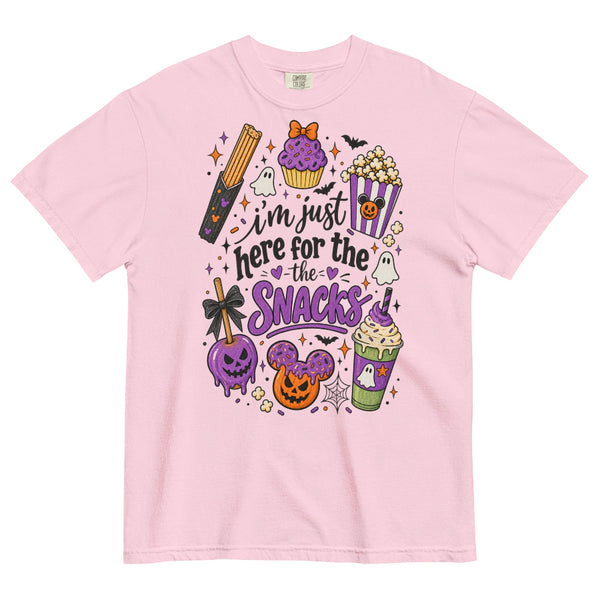 I’m Just Here for the Snacks Halloween Comfort Colors shirt featuring spooky theme park treats, a vintage-inspired Disney Halloween tee for park days and snack lovers.