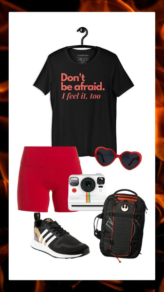 Don't Be Afraid I Feel It Too Kylo Ren Rey Reylo Force Awakens Star Wars Shirt Graphic Tee Cosplay galaxy's edge batuu disneyland disney world outfit comic con daisy ridley adam driver jedi lightsaber dyad flatlay inspiration pinterest mood board red heart sunglasses polaroid camera red biker shorts disney shoes rebel alliance backpack