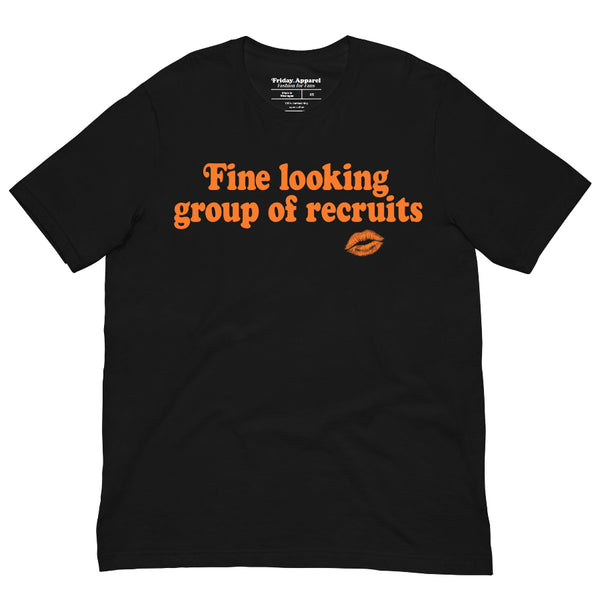 Funny Star Wars inspired unisex shirt reading “Fine Looking Group of Recruits” with orange lipstick graphic Black T-Shirt