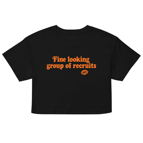 Black cropped graphic t-shirt with distressed orange “Fine Looking Group of Recruits” lettering and small kiss graphic.