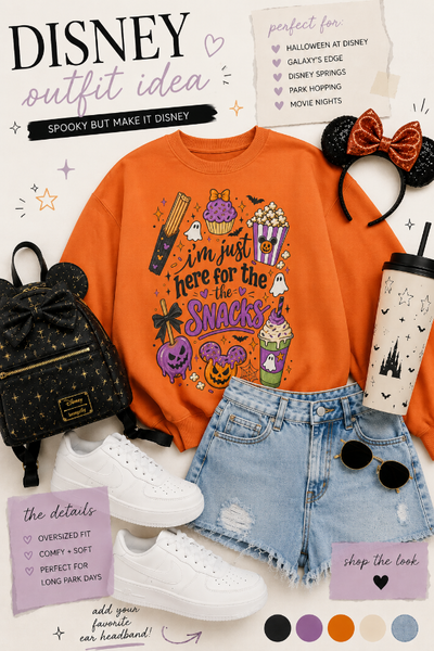 A styled Disney outfit flat lay featuring an orange graphic sweatshirt with 'I'm just here for the snacks' text and Halloween-themed illustrations, paired with light blue denim shorts, white sneakers, a black Mickey Mouse backpack, a black tumbler with a castle print, and a red glitter bow. Text overlays and color swatches surround the outfit.