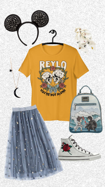Black Reylo Halloween unisex t-shirt featuring Rey and Kylo Ren skull artwork inspired by the “You're not alone, neither are you” Force dyad scene, styled as a spooky season shirt for Reylo fans, Galaxy's Edge, Disney Halloween trips, and fandom events.