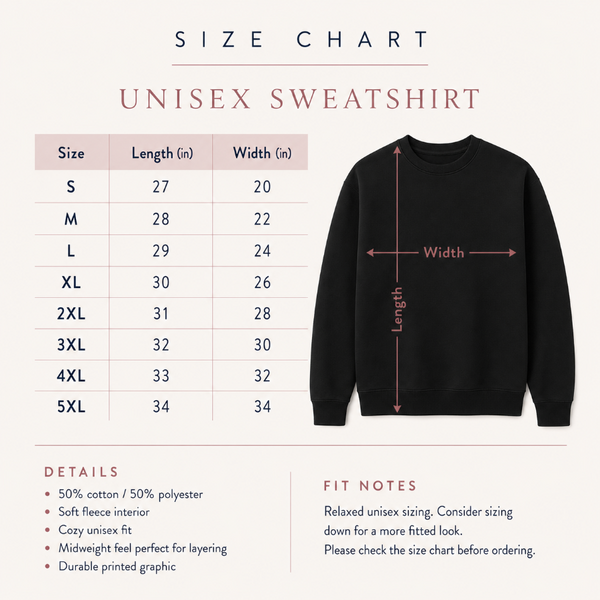 A size chart graphic for a unisex sweatshirt, showing a black long-sleeve sweatshirt with dimension arrows indicating length and width, alongside a size table from S to 5XL and fit notes on a light beige background.