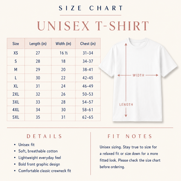 Size chart graphic for a unisex T-shirt showing a size table from XS to 5XL with length, width, and chest measurements, alongside a white T-shirt illustration with arrows marking width and length.