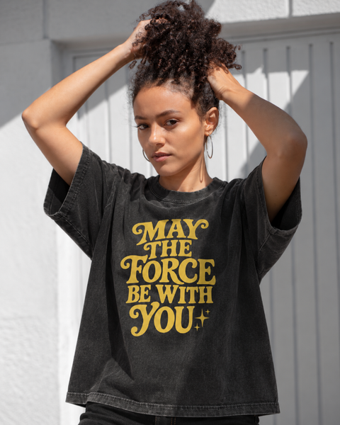 May the Force Be With You oversized vintage wash black shirt with yellow retro lettering