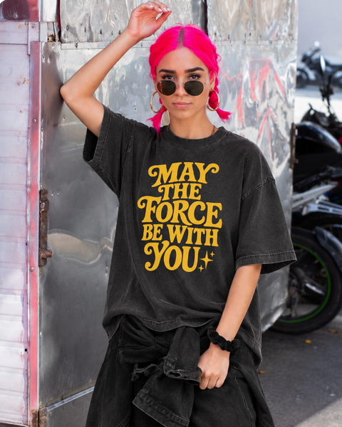 May the Force Be With You oversized vintage wash black shirt with yellow retro lettering