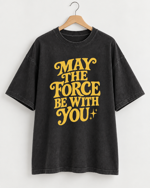 May the Force Be With You oversized vintage wash black shirt with yellow retro lettering