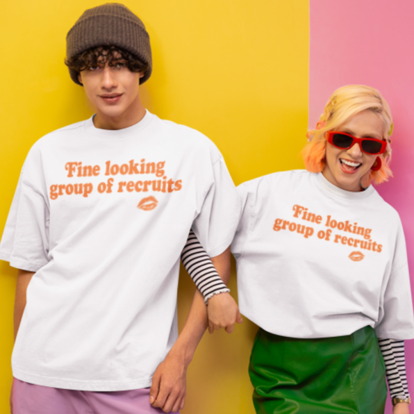 Funny Star Wars inspired unisex shirt reading “Fine Looking Group of Recruits” with orange lipstick graphic Black T-Shirt Disney Couple Outfit Matching