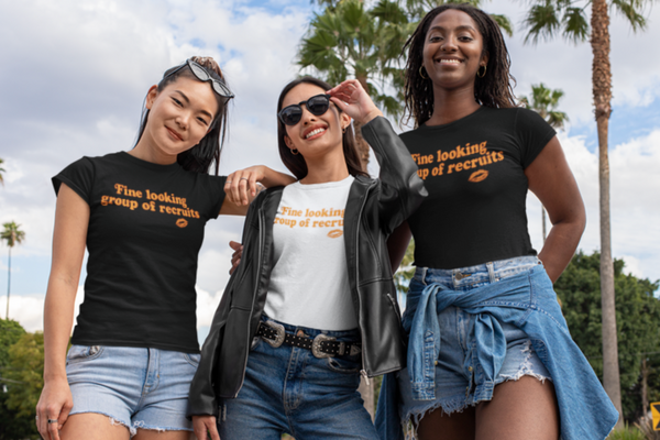 Funny Star Wars inspired unisex shirt reading “Fine Looking Group of Recruits” with orange lipstick graphic Black T-Shirt three women disney friends matching outfits