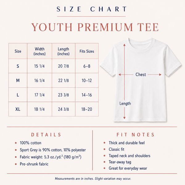 A size chart graphic for a youth premium tee, showing a size table from S to XL with width, length, and fits sizes in inches, plus a labeled white T-shirt diagram indicating chest and length measurements.
