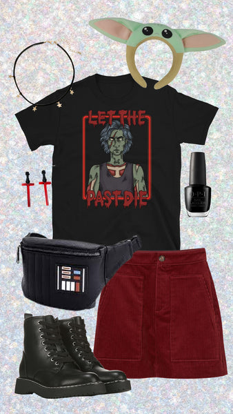 Person wearing the Zombie Ren unisex Halloween shirt featuring Kylo Ren reimagined as a zombie, a spooky Star Wars-inspired tee for Reylo fans, Galaxy's Edge outfits, Disney Halloween trips and conventions.