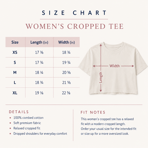 Size Chart for Friday Apparel women's cropped tee fashion for fans clothing brand fangirl shop