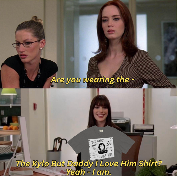 A two-panel meme-style image showing women in an office conversation, with the top panel featuring a woman in a brown patterned top and the bottom panel showing another woman holding up a gray graphic T-shirt. The shirt has a black-and-white photo of a child and the text 'BUT DADDY I LOVE HIM'.