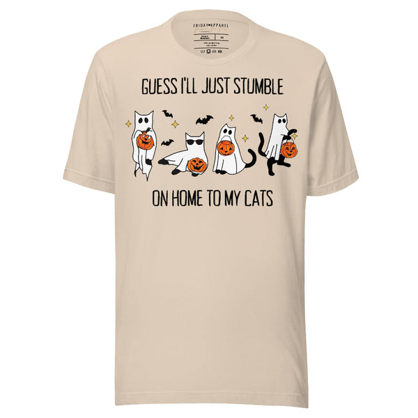 Beige Gorgeous Cats Halloween shirt inspired by the Reputation song Gorgeous, featuring ghost cats, jack-o'-lanterns and bats with the lyric “Guess I'll Just Stumble on Home to My Cats,” styled as a Swiftie Halloween outfit.
