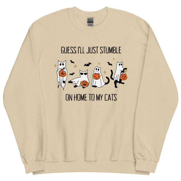 Gorgeous Cats Halloween unisex sweatshirt inspired by the Reputation song Gorgeous, featuring ghost cats, jack-o'-lanterns and bats with the “stumble on home to my cats” lyric for Swiftie Halloween outfits.