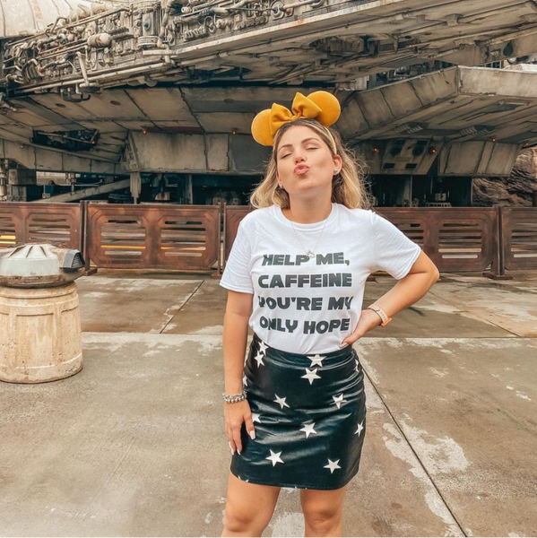 Caffeine A New Hope Star Wars inspired graphic tee princess leia mickey ears galaxys edge outfit